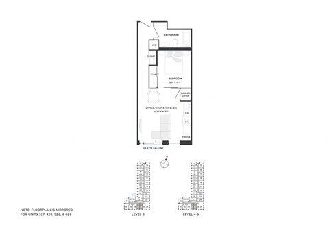 Floor plan for 1 bed, 1 bath, 530 sqft
